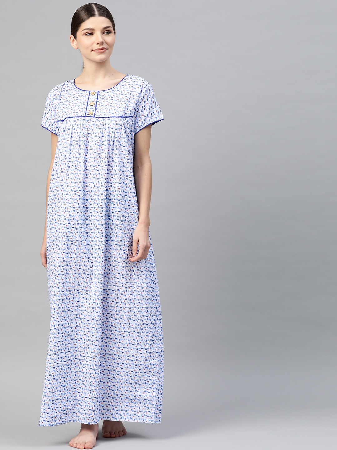 

Vemante Blue Floral Printed Cotton Maxi Nightdress
