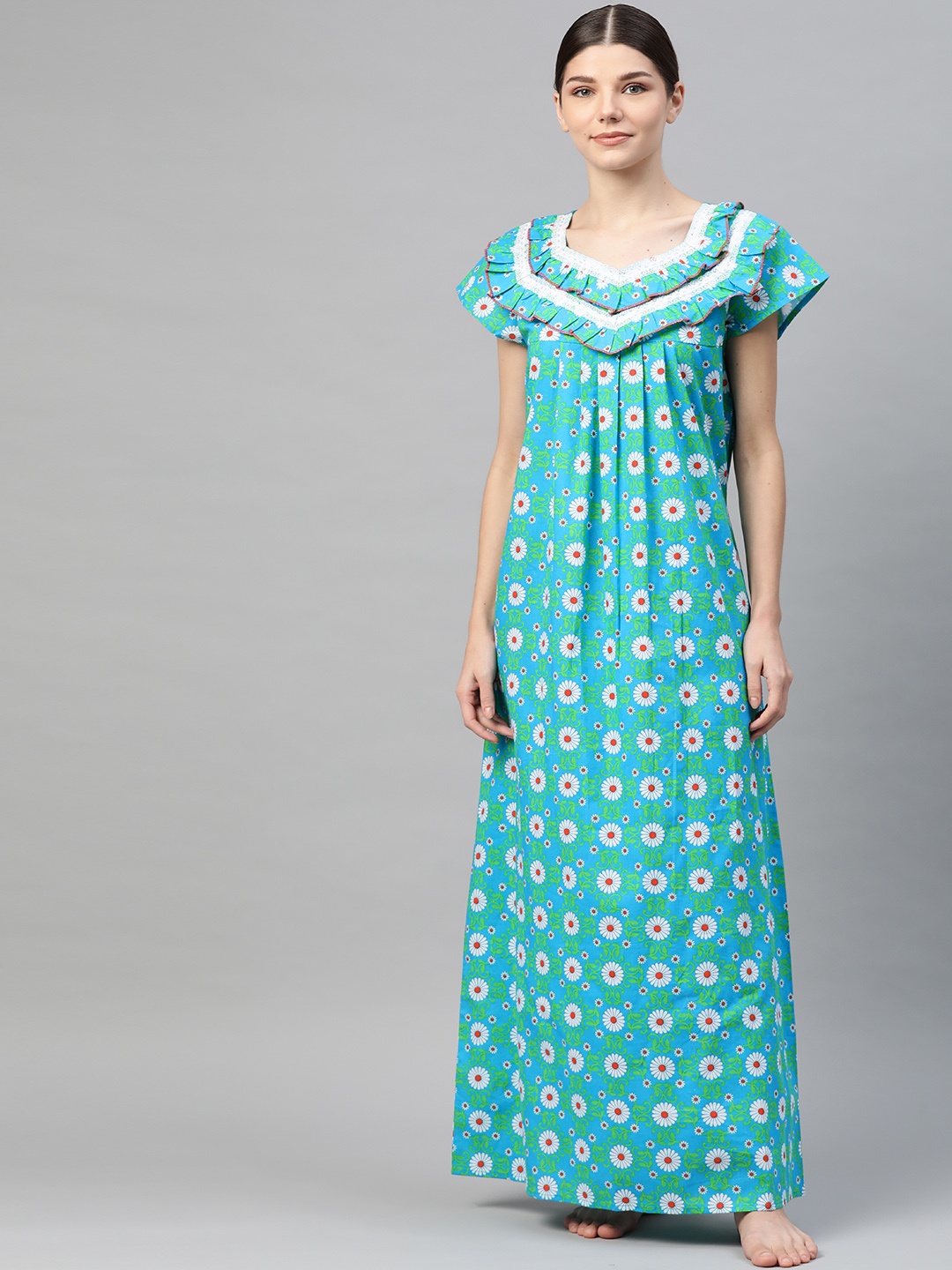 

Vemante Teal Blue Floral Printed Cotton Maxi Nightdress