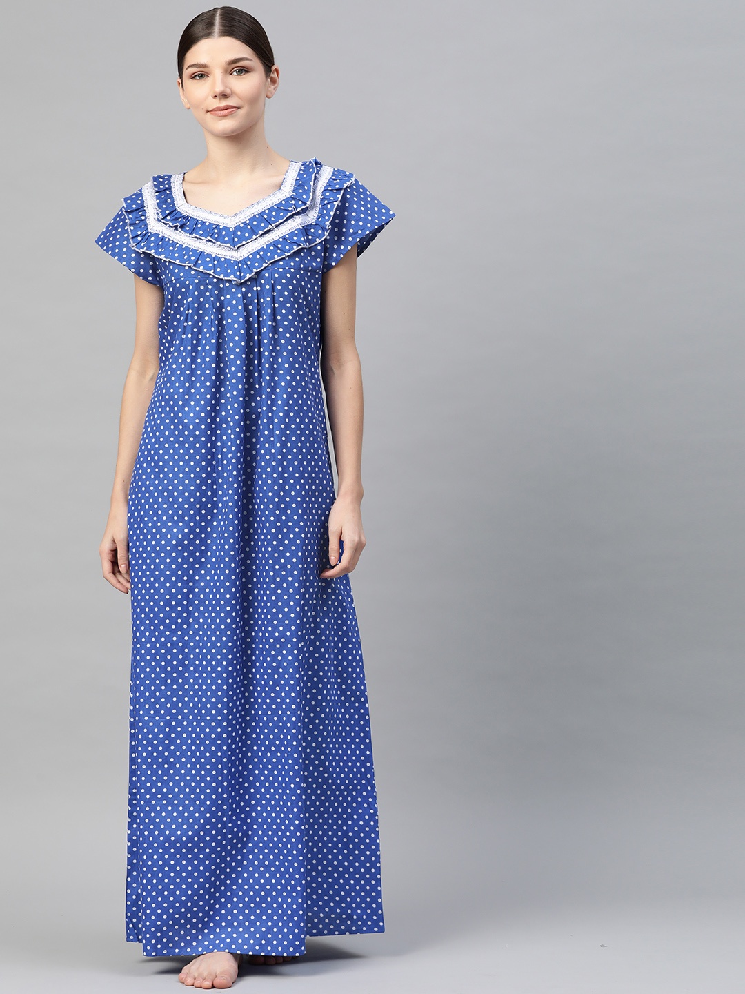 

Vemante Navy Blue Polka Dot Printed Cotton Maxi Nightdress
