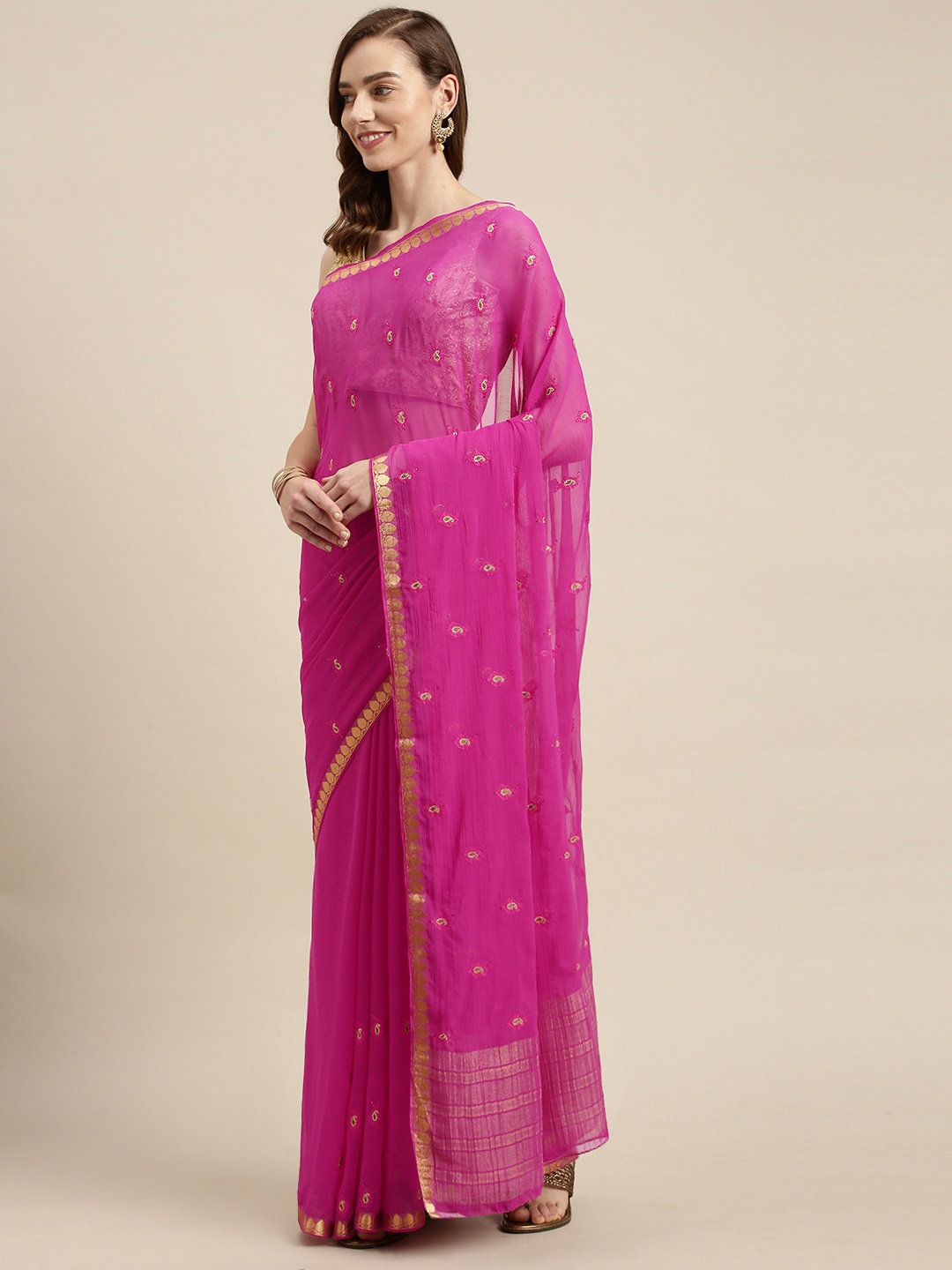 

Mitera Pink & Gold-Toned Paisley Embroidered Saree