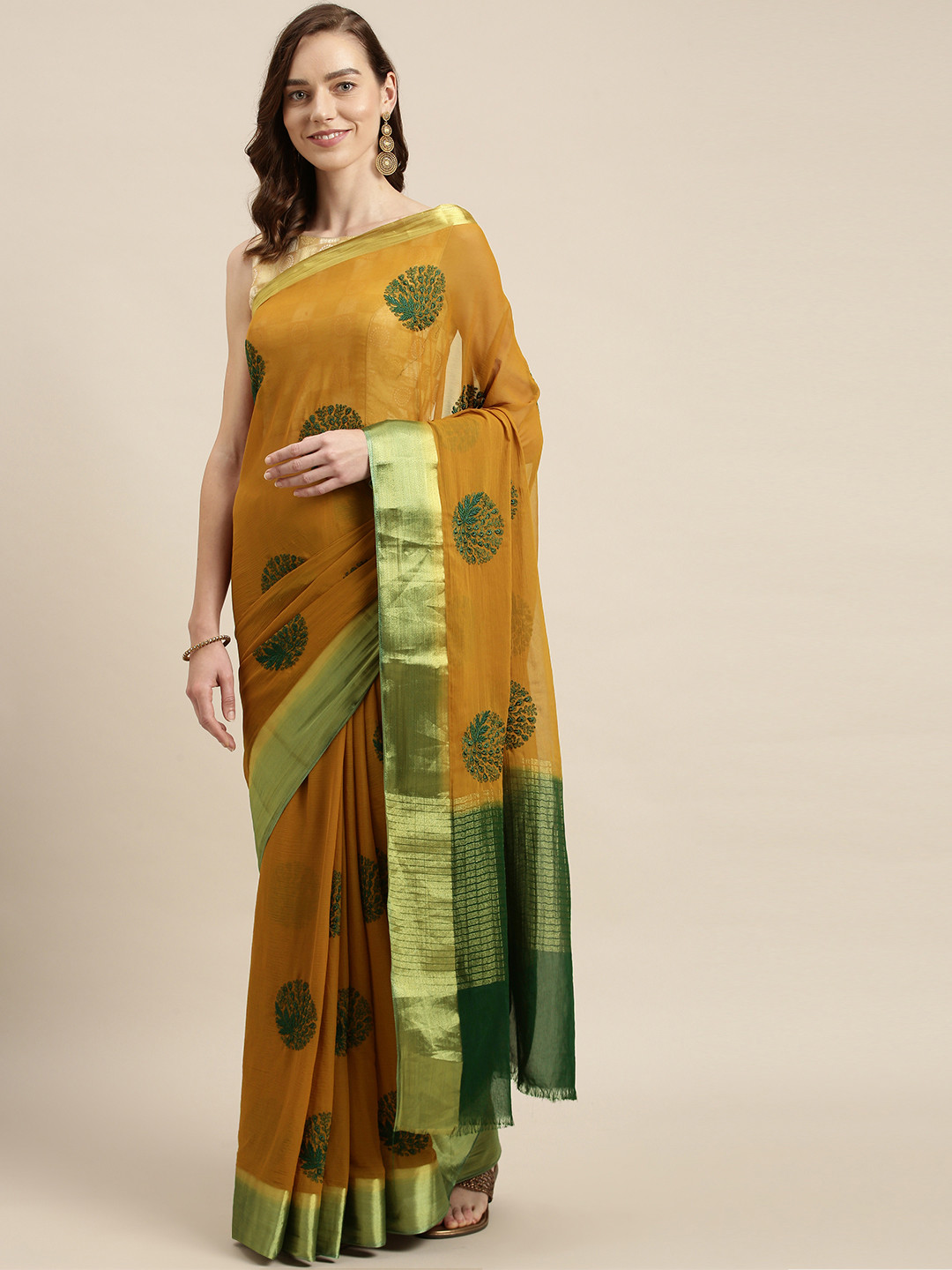

Mitera Mustard & Green Floral Embroidered Saree
