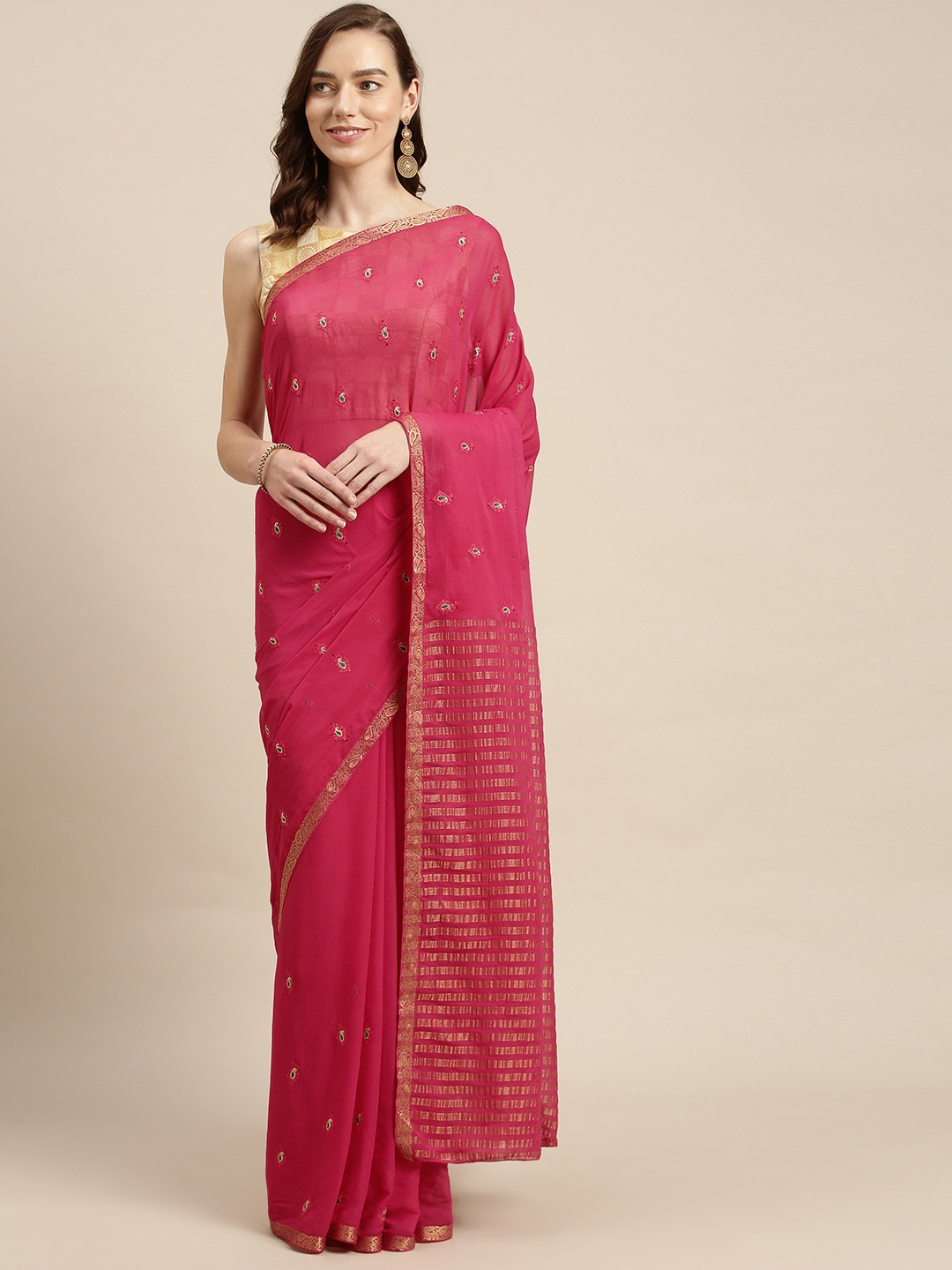 

Mitera Pink Paisley Embroidered Banarasi Saree