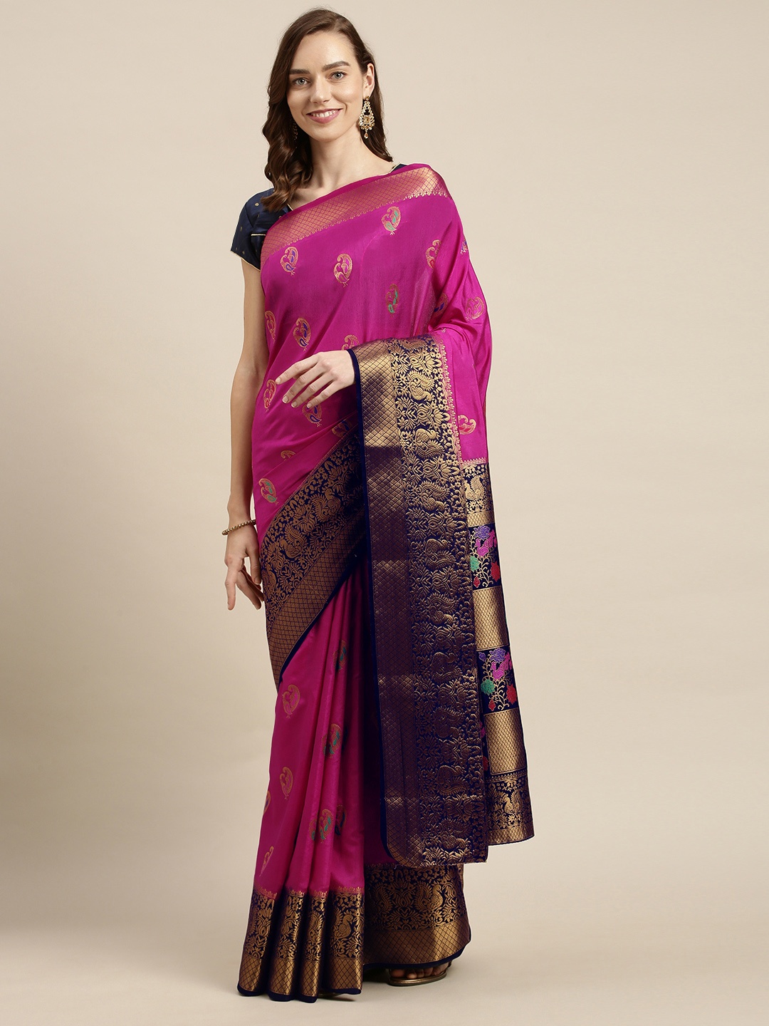 

Mitera Pink & Navy Blue Ethnic Motifs Zari Art Silk Kanjeevaram Saree