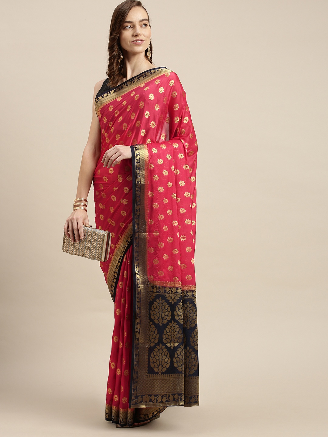 

Mitera Coral Red & Gold Ethnic Motifs Zari Mysore Silk Saree