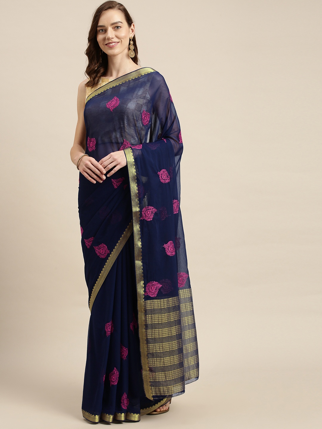

Mitera Navy Blue & Pink Ethnic Motifs Banarasi Saree