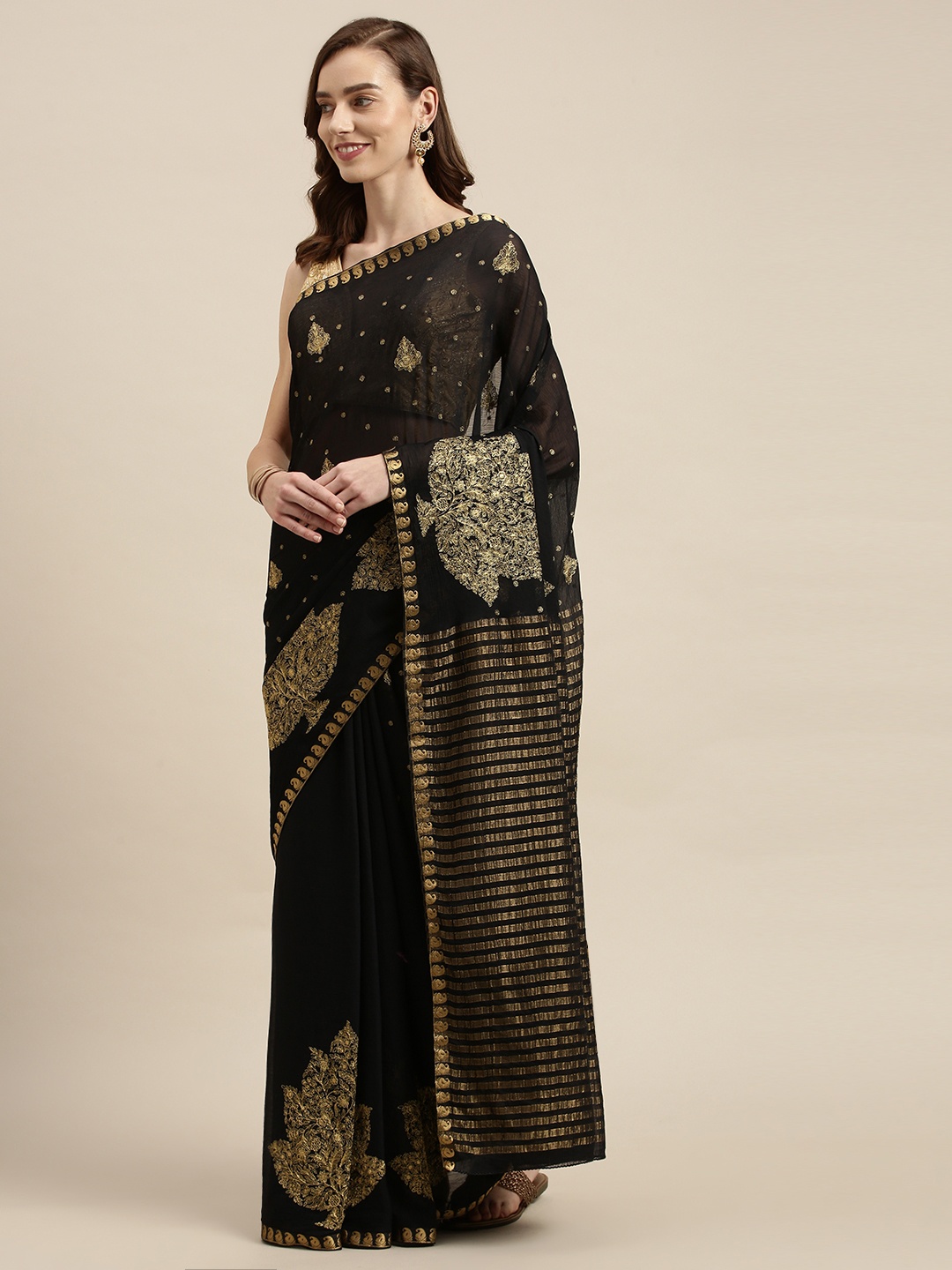 

Mitera Black & Gold Floral Banarasi Saree