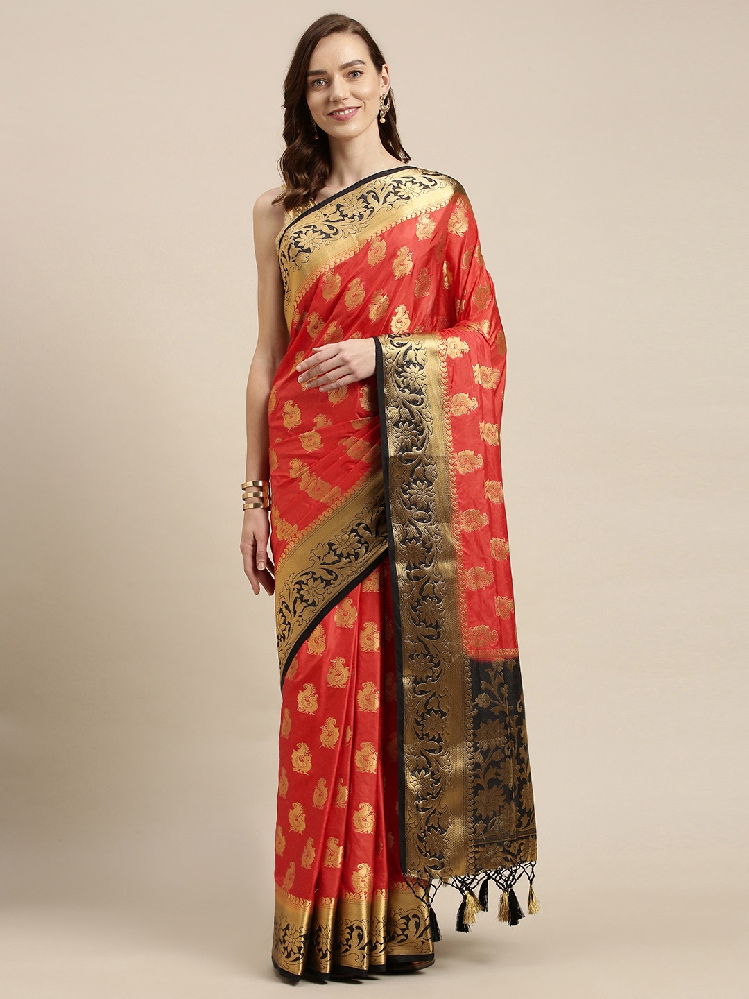

Mitera Red & Gold-Toned Ethnic Motifs Zari Art Silk Kanjeevaram Saree