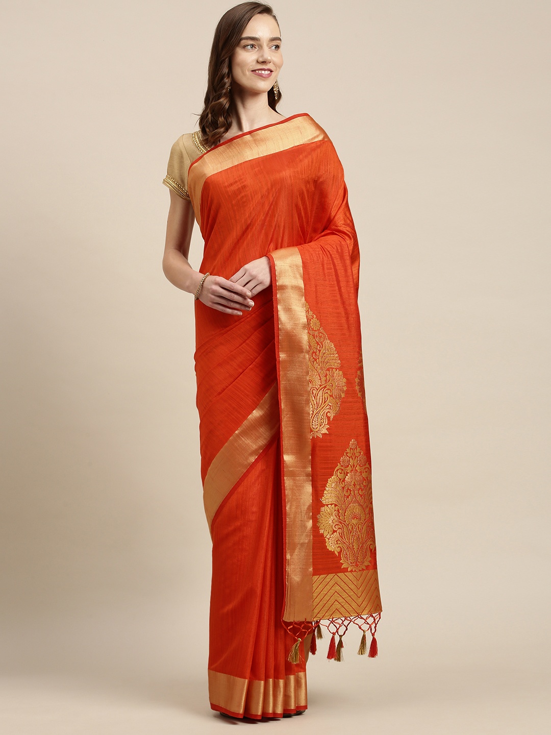 

Mitera Orange & Gold-Toned Zari Art Silk Kanjeevaram Saree