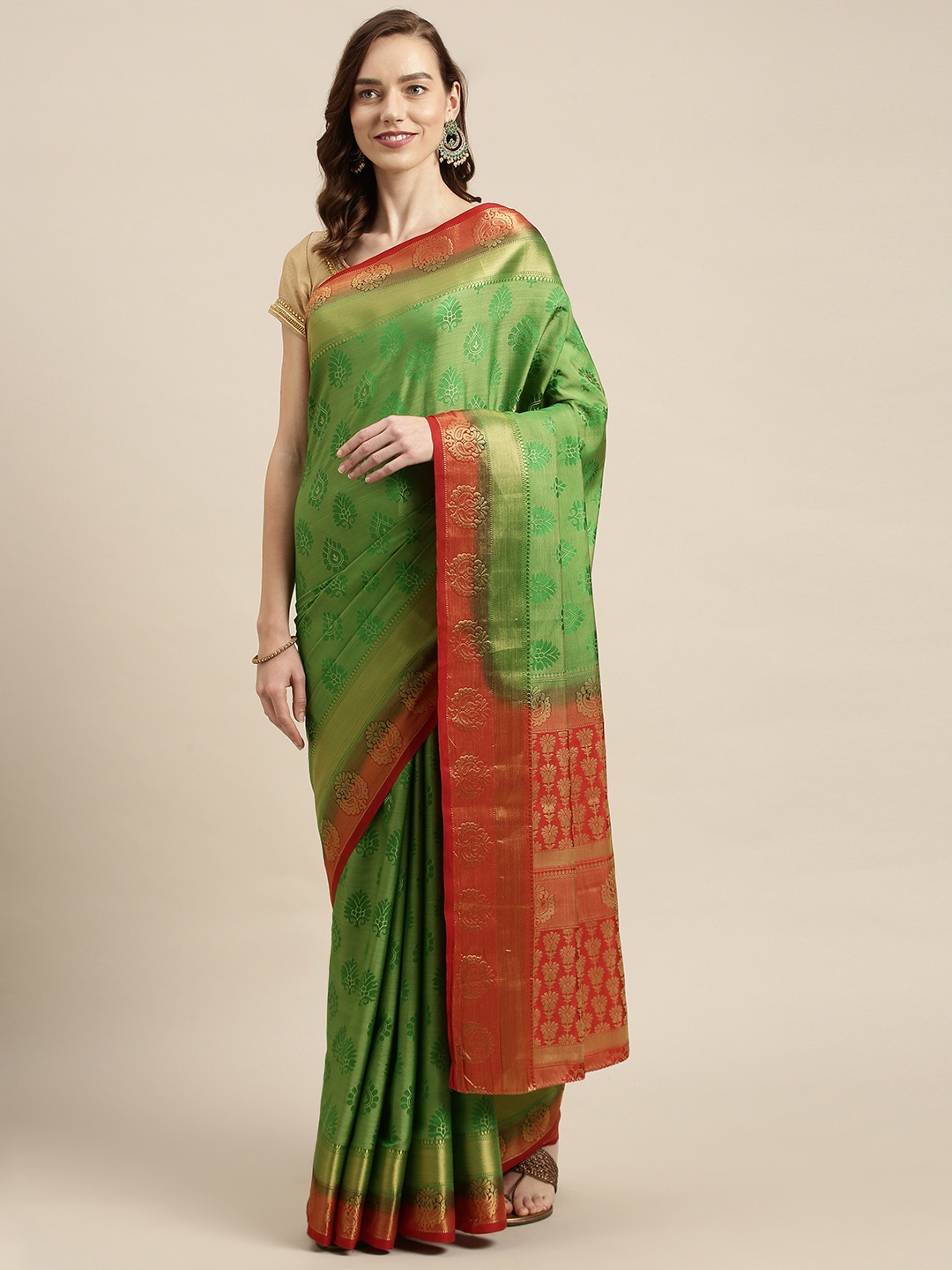 

Mitera Green & Red Ethnic Motifs Zari Art Silk Kanjeevaram Saree