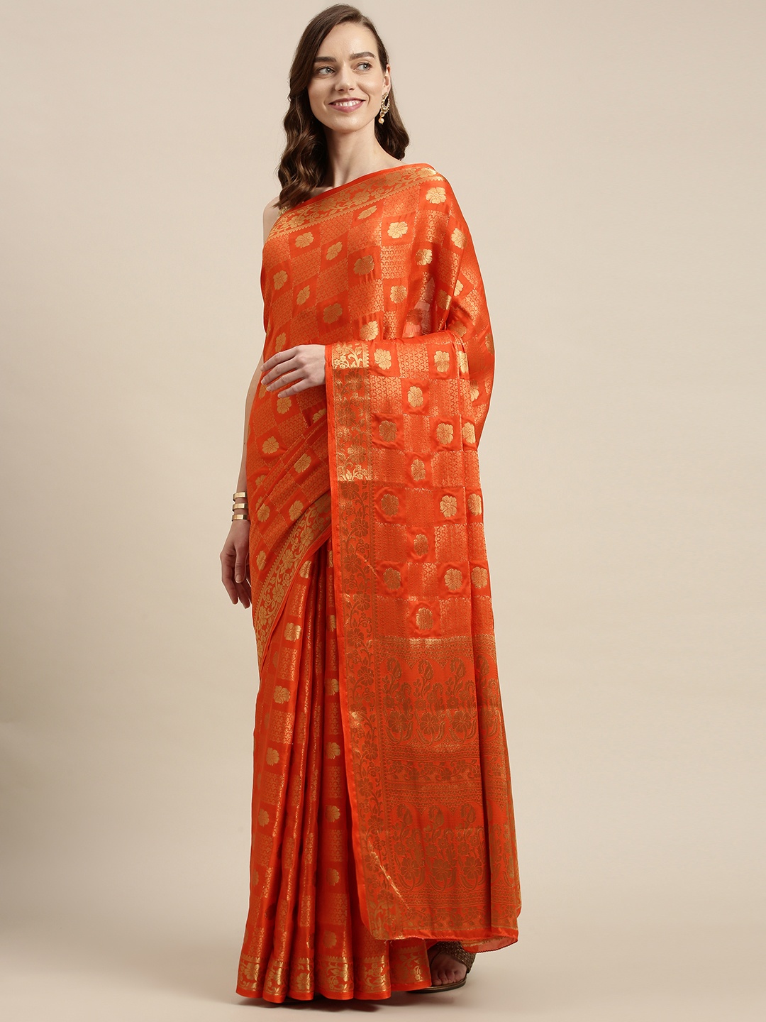 

Mitera Orange & Gold-Toned Floral Zari Kanjeevaram Saree