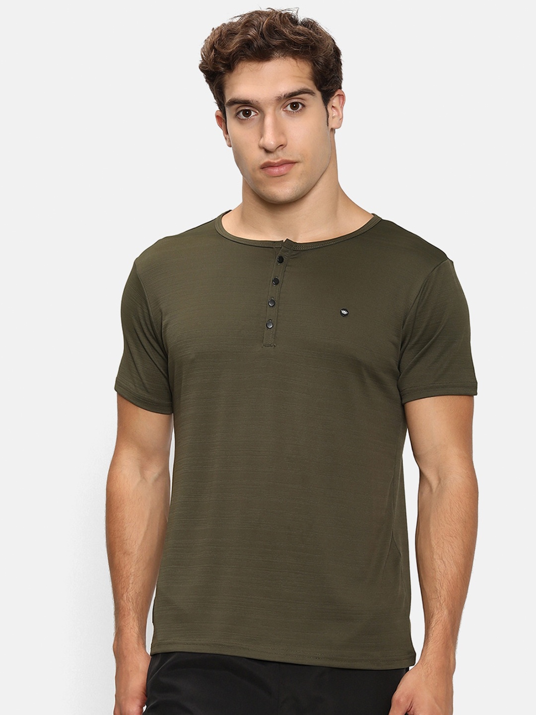 

V2 Value & Variety Men Olive Green Henley Neck Cotton T-shirt