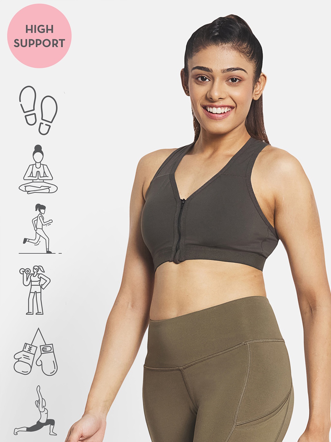 

KICA Non-Wired High Support Zip Sports Bra With Removable Pad, Grey