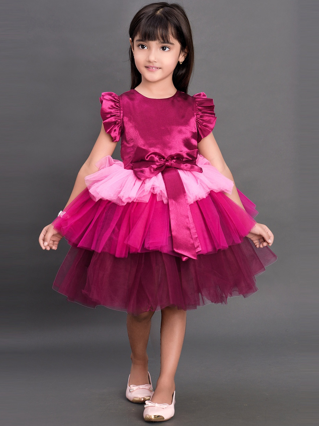 

Pink Chick Girls Maroon Net Layered Party Dress