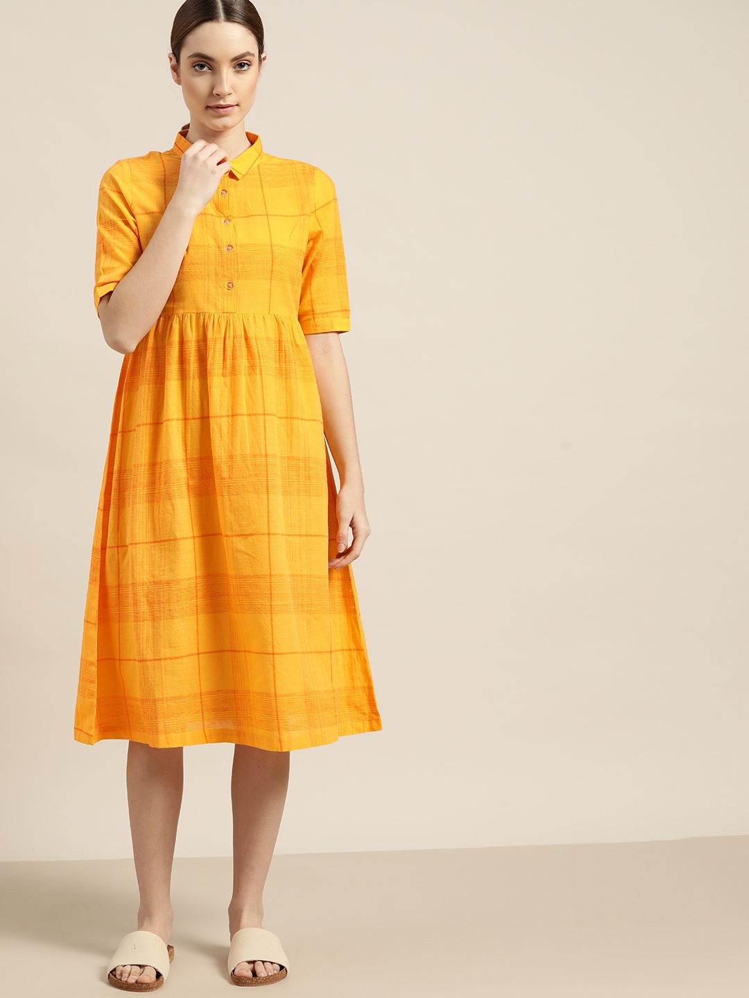 

ether Yellow & Orange Pure Cotton Checked Shirt Dress
