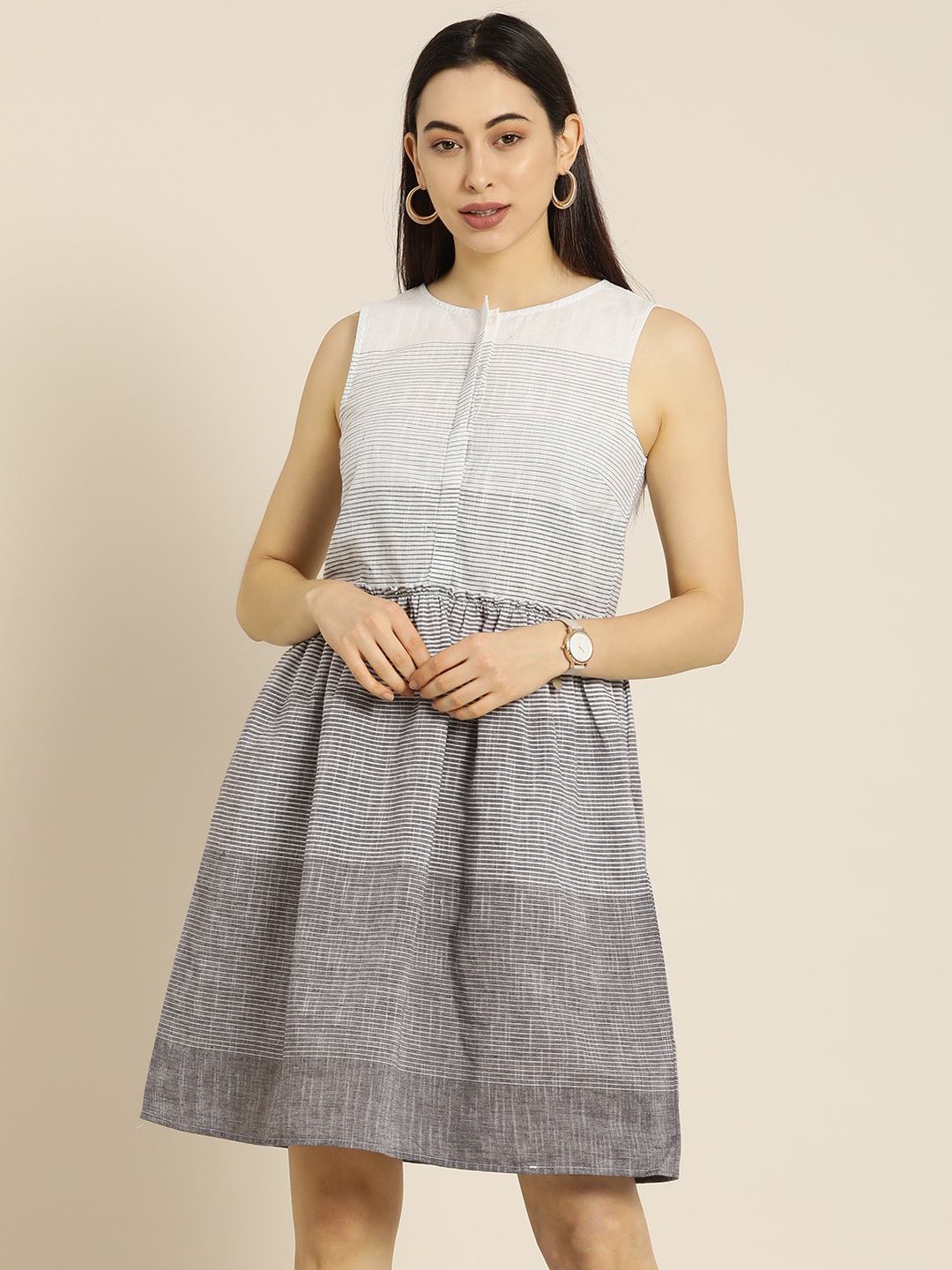 

ether Kora Collection Women White & Grey Striped Handloom Sustainable A-line Dress