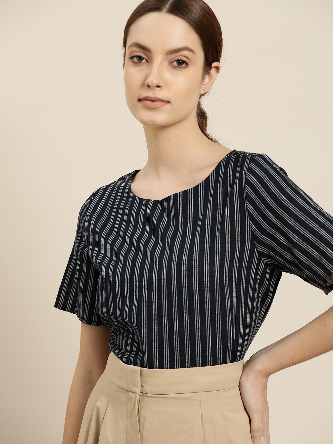 

ether Kora Collection Women Navy Blue & White Pure Cotton Striped Sustainable Top