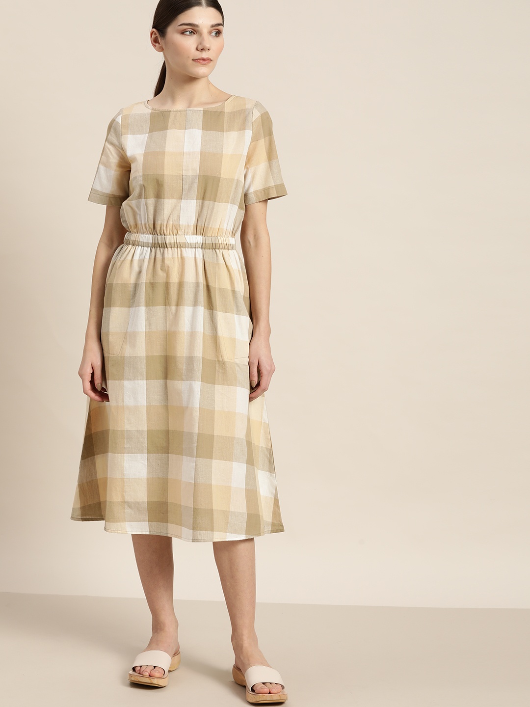 

ether Kora Collection Khaki & White Unbleached Fabric A-Line Midi Dress