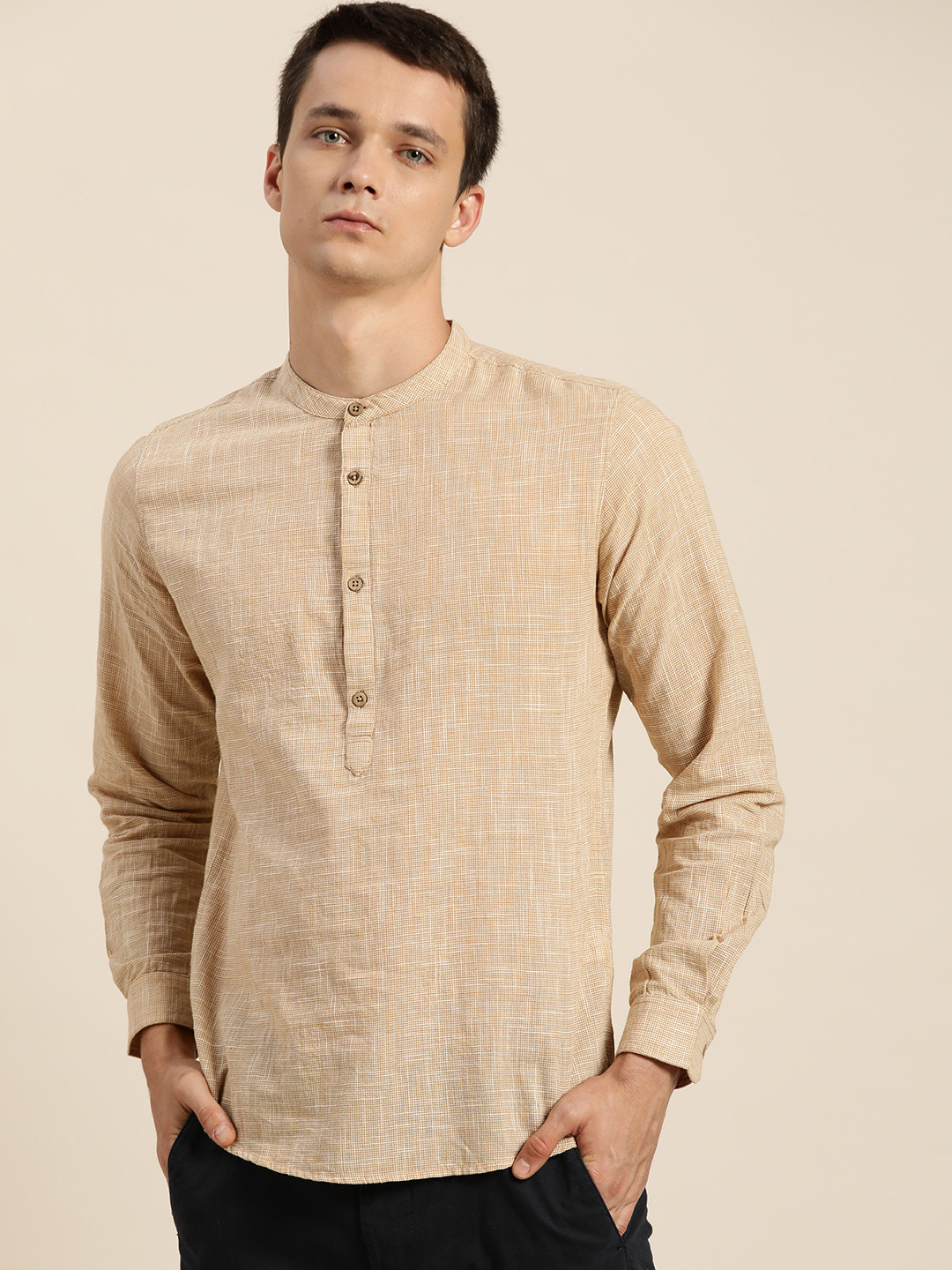 

Kora by ether Men Beige Self-Design Sustainable Unbleached Fabric Pure Cotton Casual Shirt