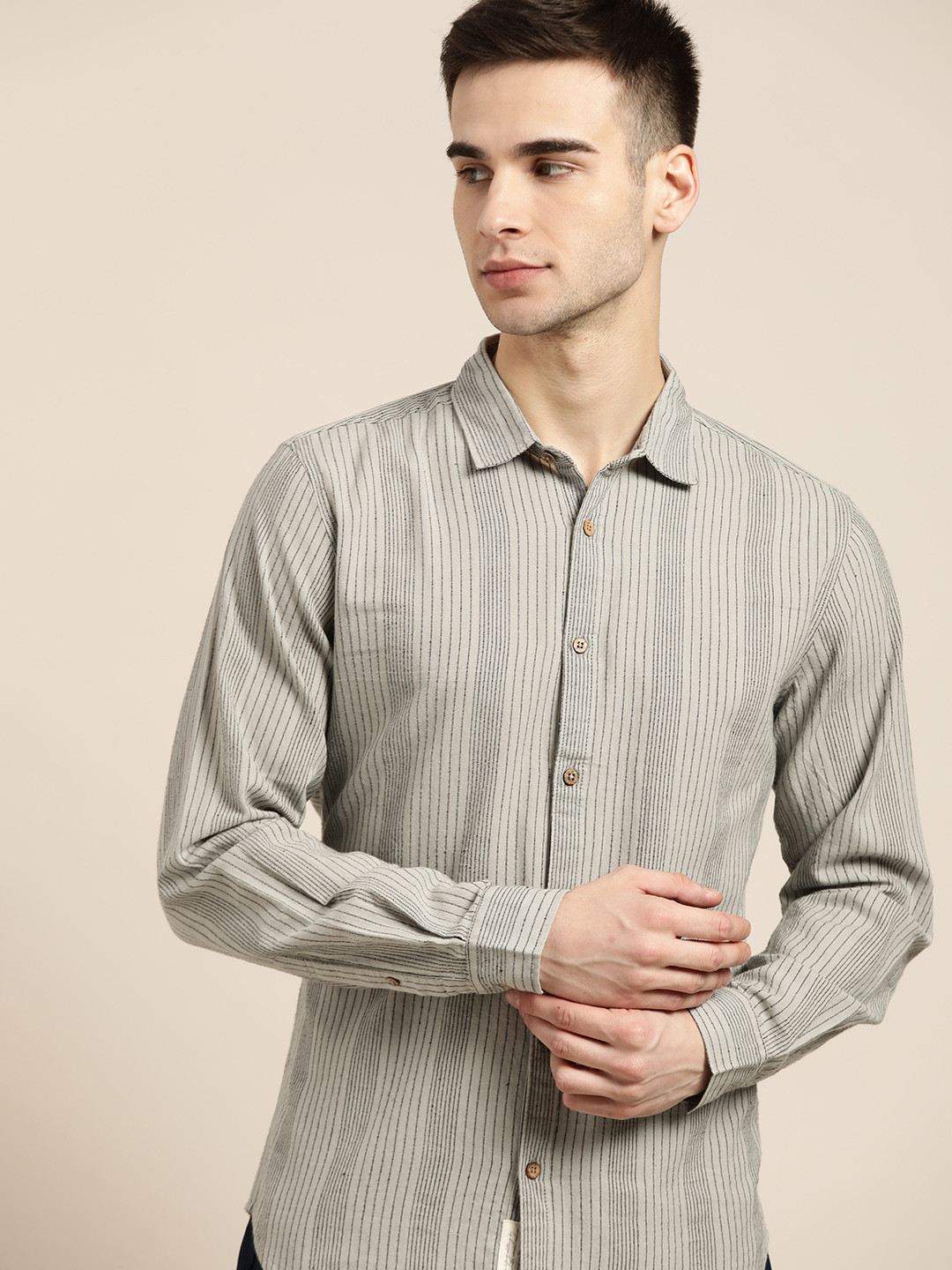 

ether Kora Collection Men Grey & Black Striped Casual Handloom Shirt