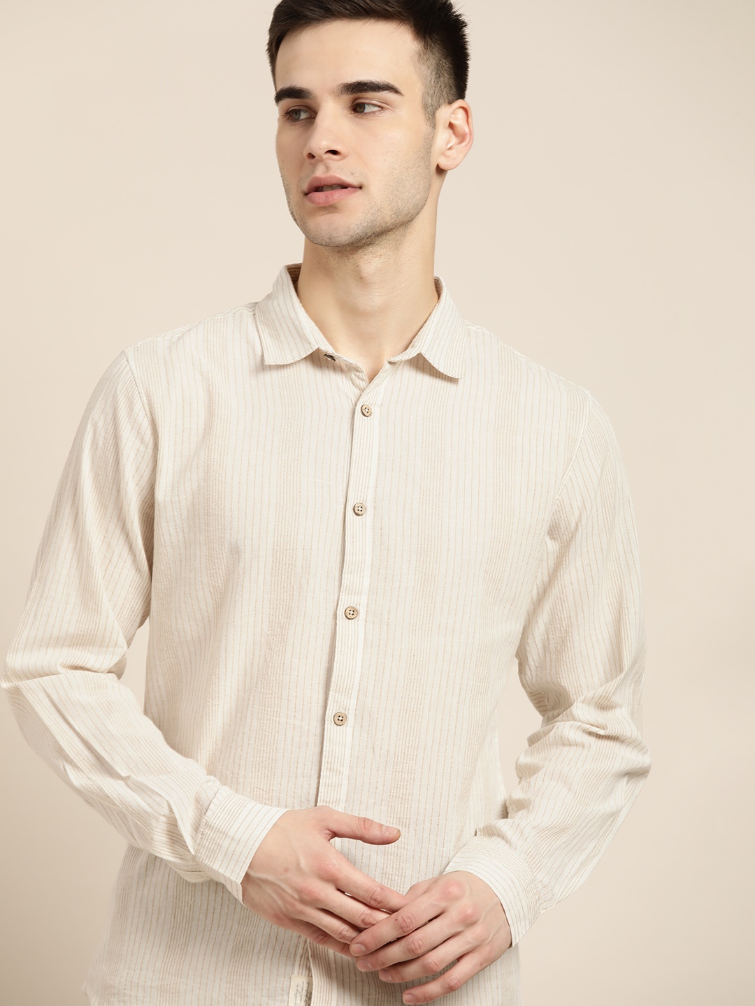 

ether Men Kora Collection Off White Striped Sustainable Unbleached Fabric Casual Shirt