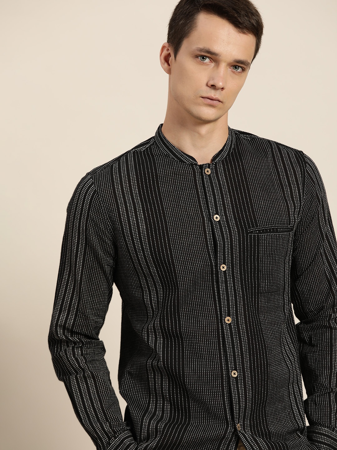 

ether Kora Collection Men Black Cotton Handloom Sustainable Shirt