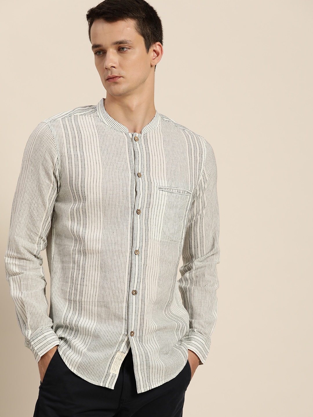 

ether Kora Collection Men White Unbleached Fabric Striped Handloom Sustainable Shirt