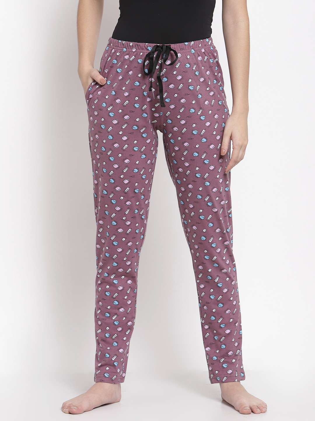 

Sweet Dreams Women Purple & White Printed Cotton Lounge Pants