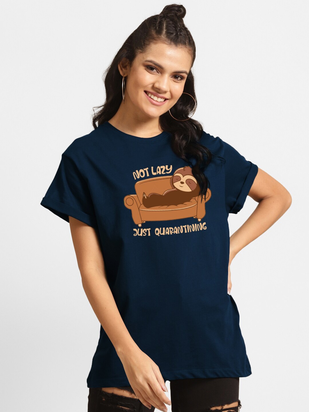 

Bewakoof Women Blue Brown Typography Printed Pure Cotton Boxy Pure Cotton T-shirt