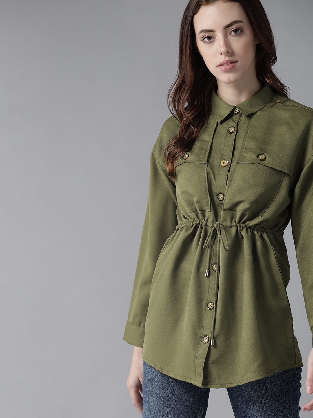 

Roadster Women Olive Green Waist Tie-Up Casual Shirt