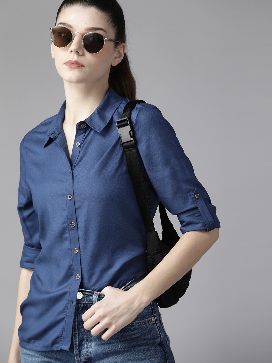 

Roadster Women Navy Blue Sustainable EcoVero Solid Casual Shirt