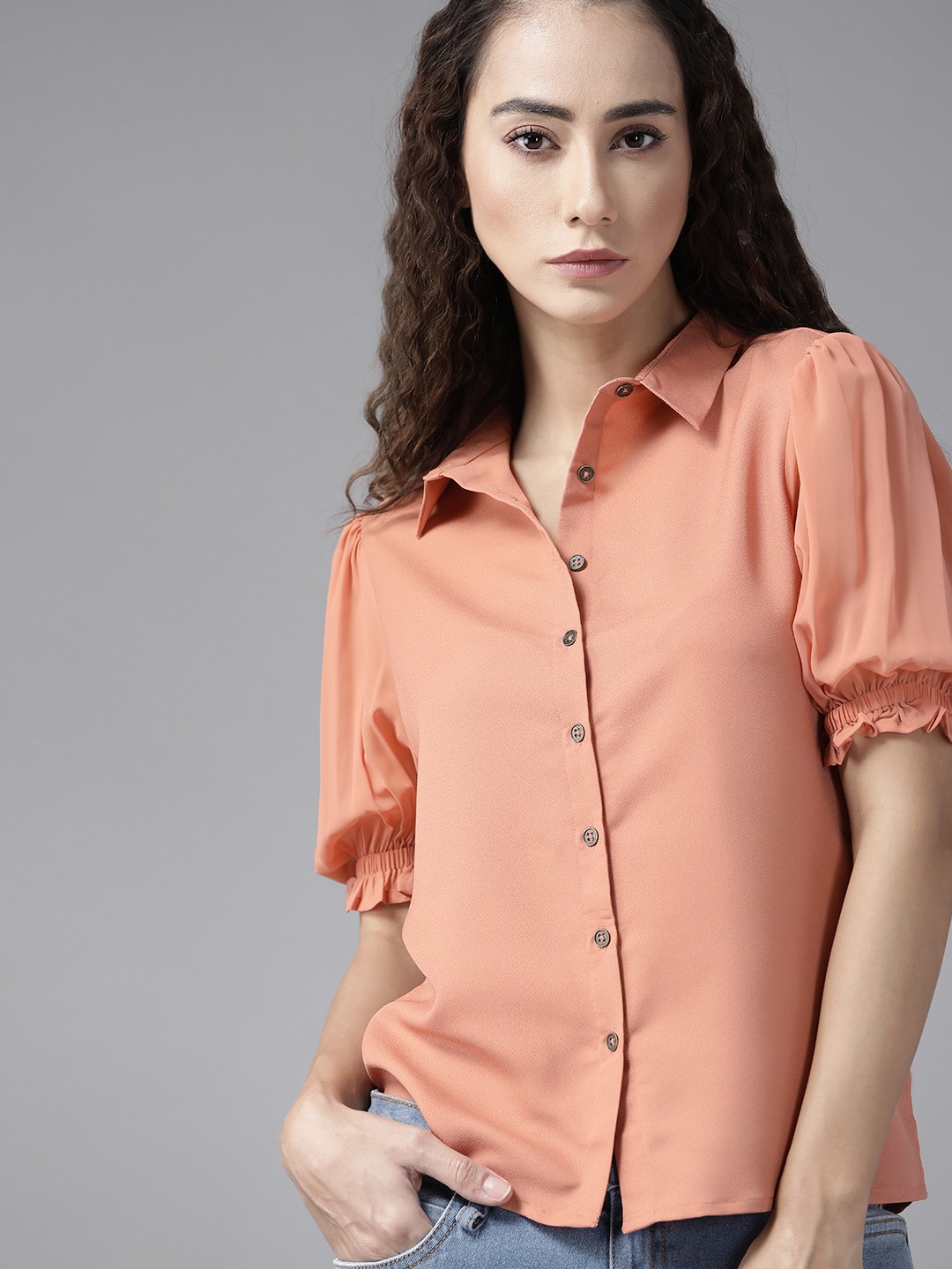 

Roadster Women Peach-Coloured Solid Casual Shirt
