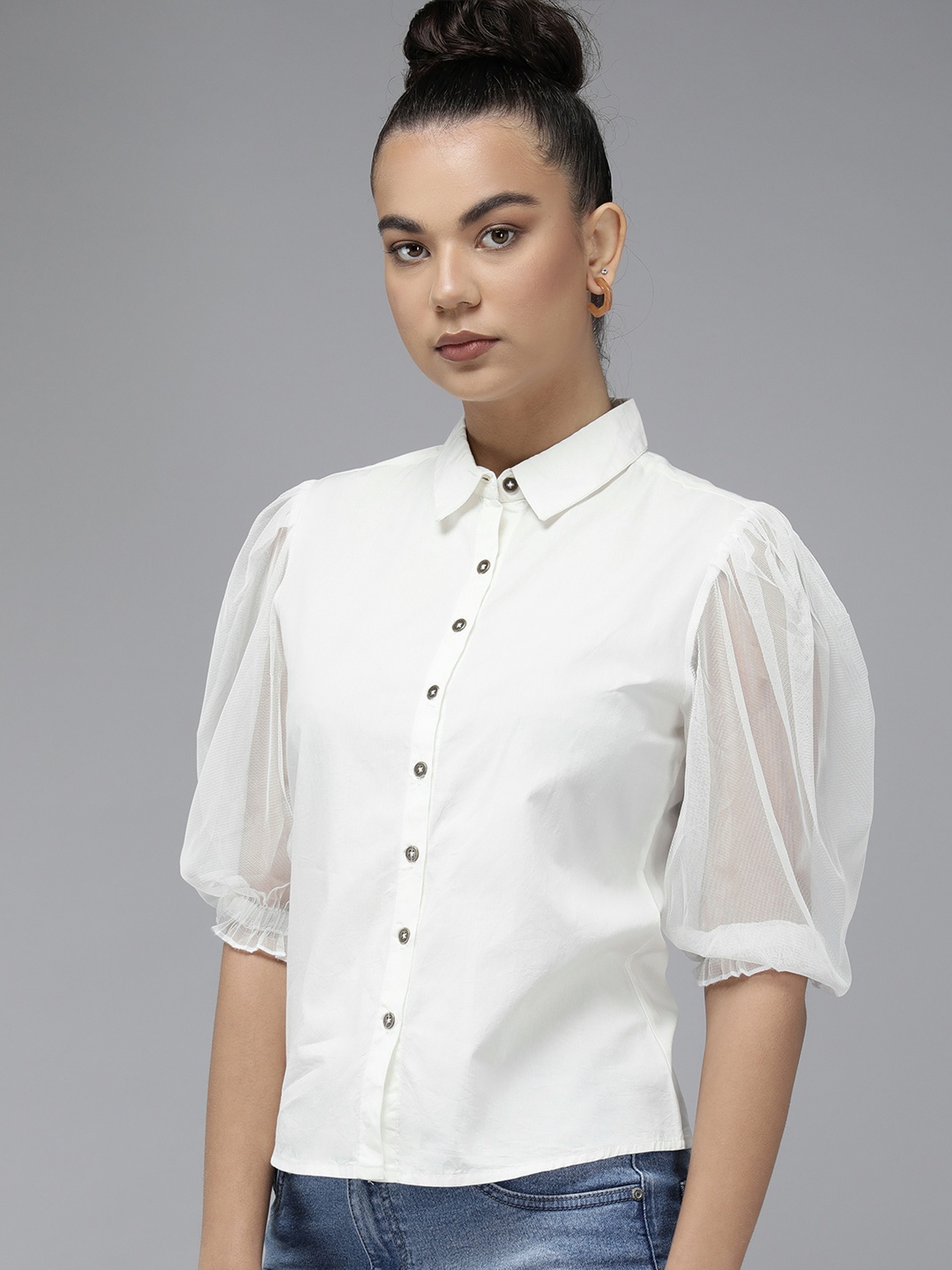 

Roadster Women White Solid Pure Cotton Casual Shirt