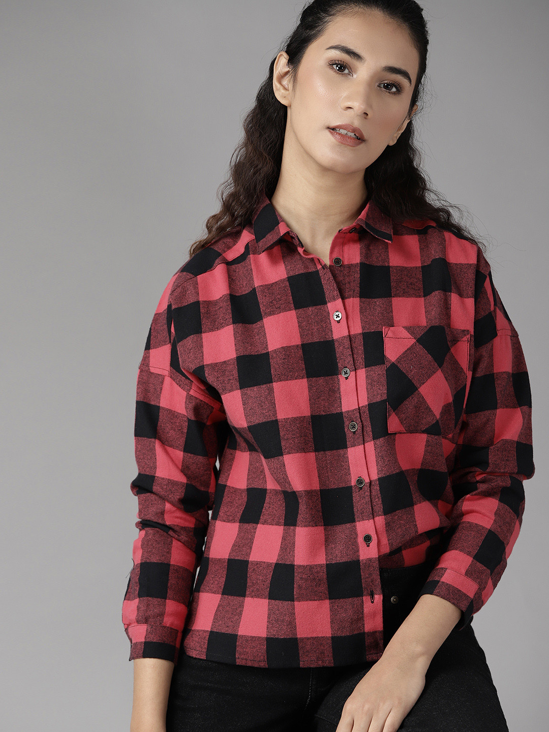 

Roadster Women Pink & Black Checked Pure Cotton Casual Flannel Shirt