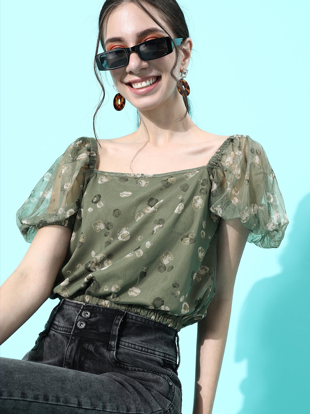 

Roadster Women Lovely Olive Abstract Cropped Top
