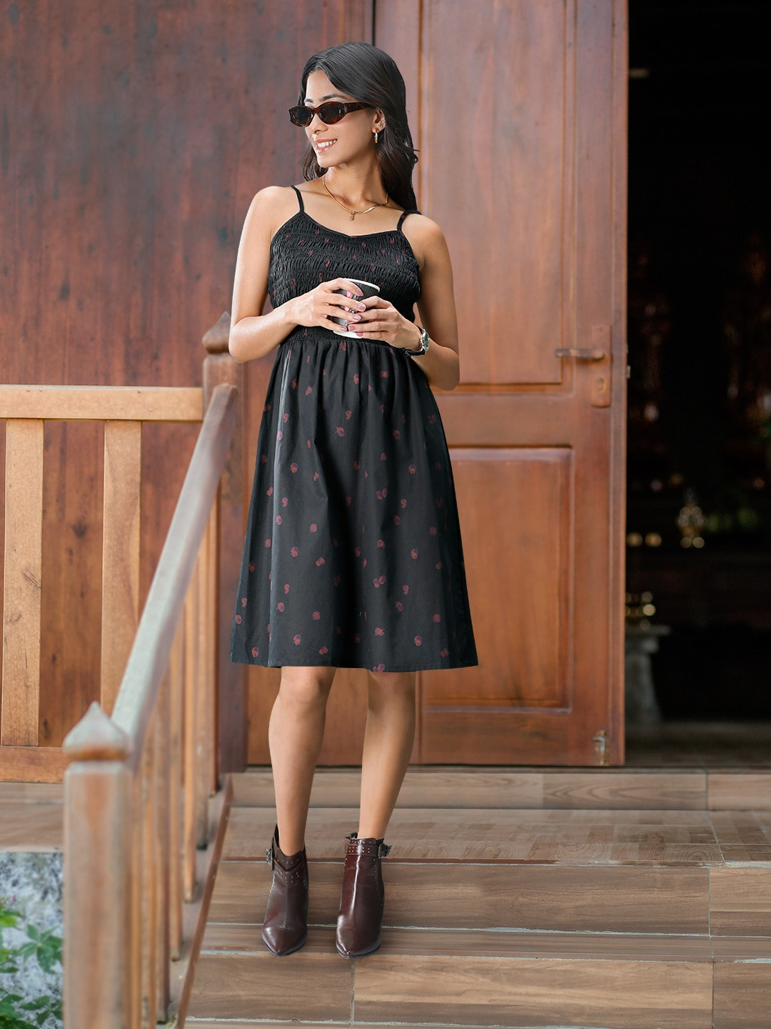 

Roadster Black & Maroon Conversational Print Shoulder Straps Pure Cotton Fit & Flare Dress