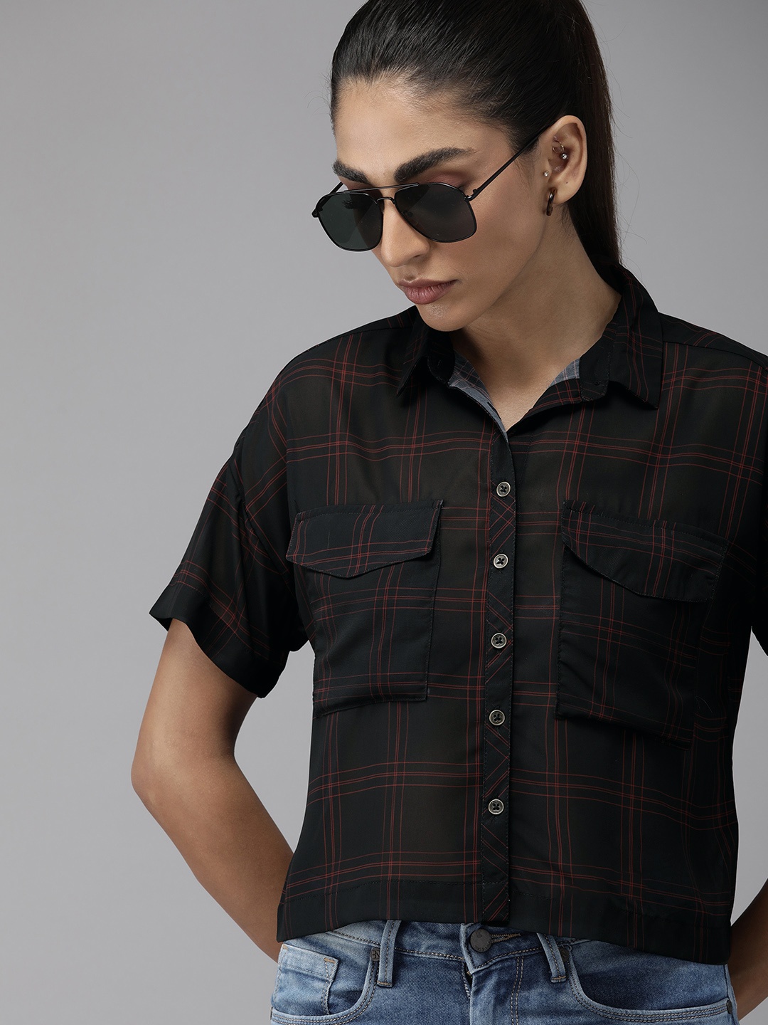 

The Roadster Lifestyle Co Women Black & Red Semi Sheer Checked Casual Shirt