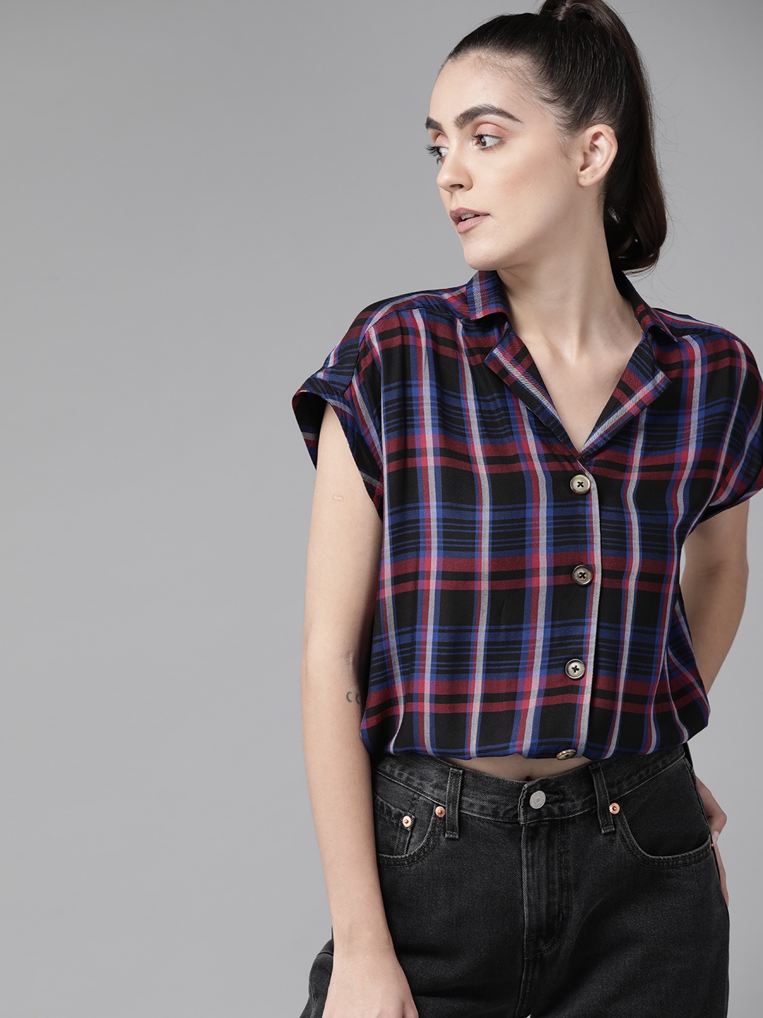

Roadster Women Black & Blue Tartan Checks Casual Shirt