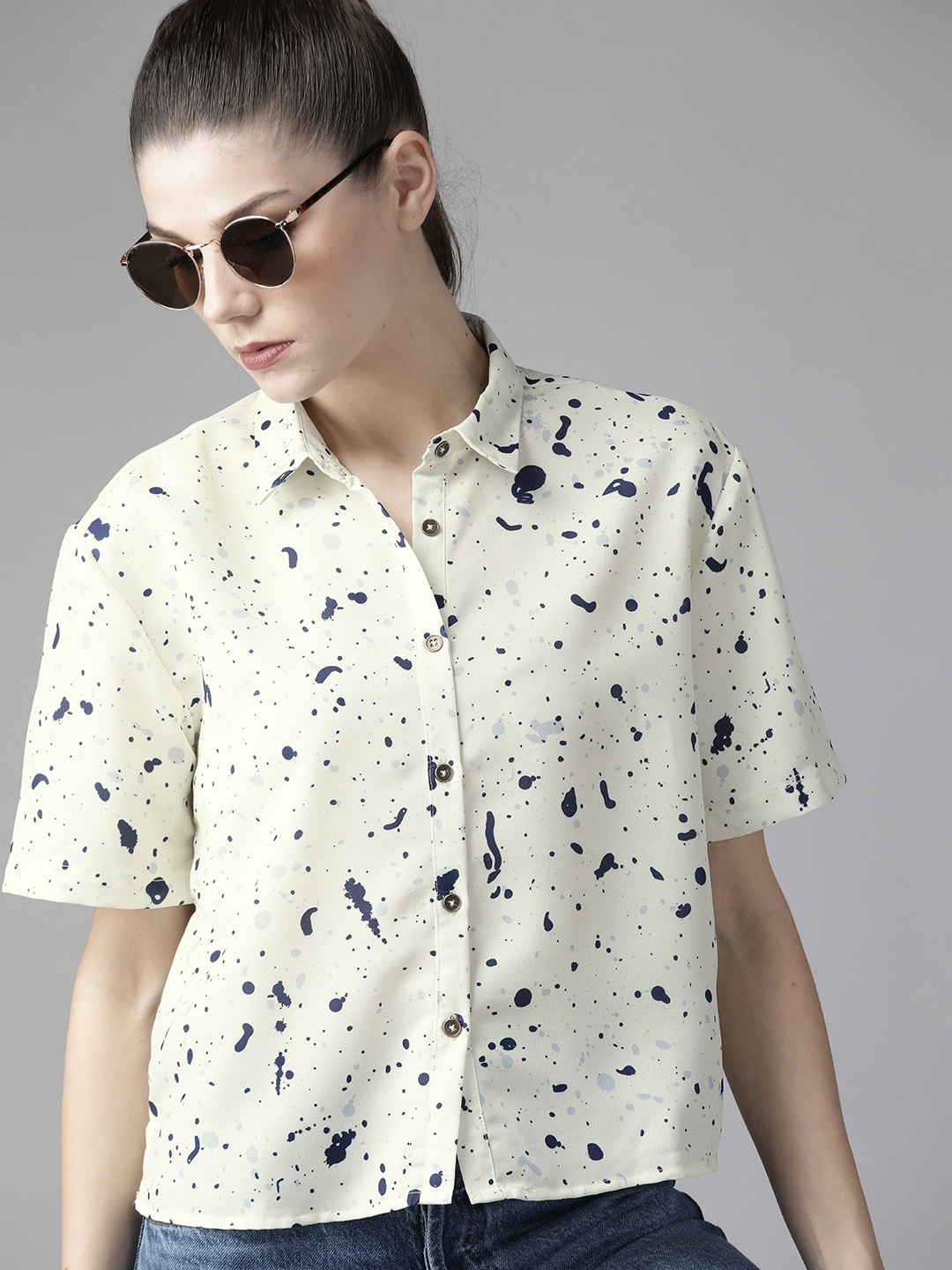 

Roadster Women Cream-Coloured & Navy Blue Printed Casual Sustainable Shirt