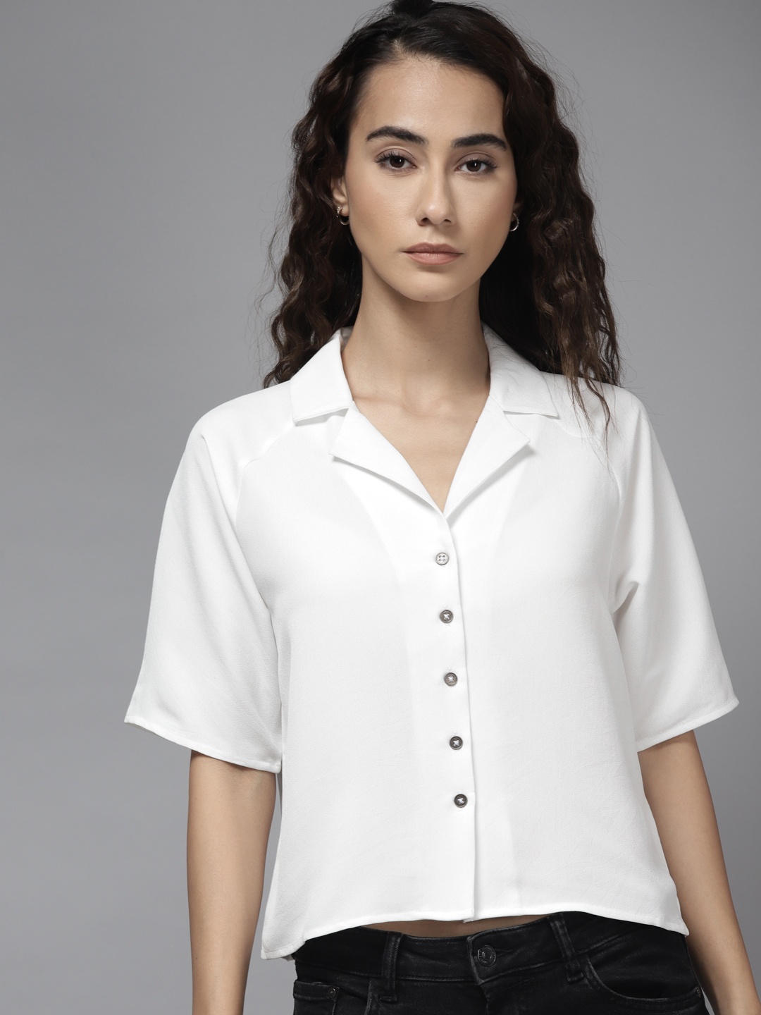 

Roadster Women White Cuban Collar Solid Casual Shirt