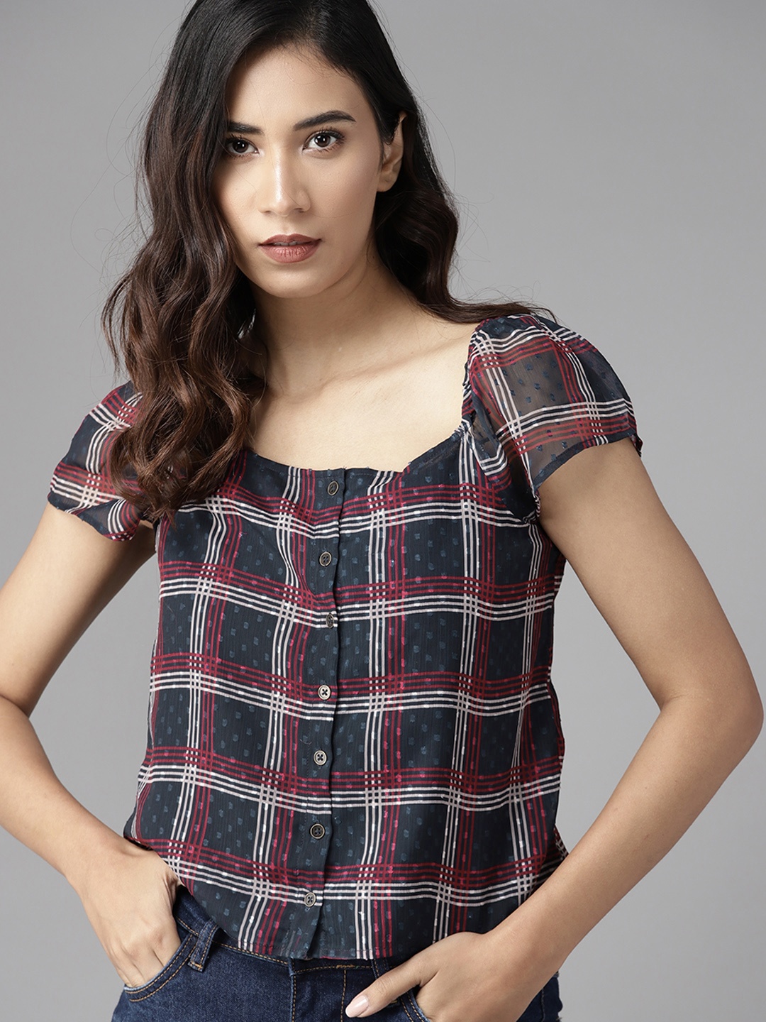 

Roadster Navy Blue Dobby Weave Square Neck Checked Regular Top
