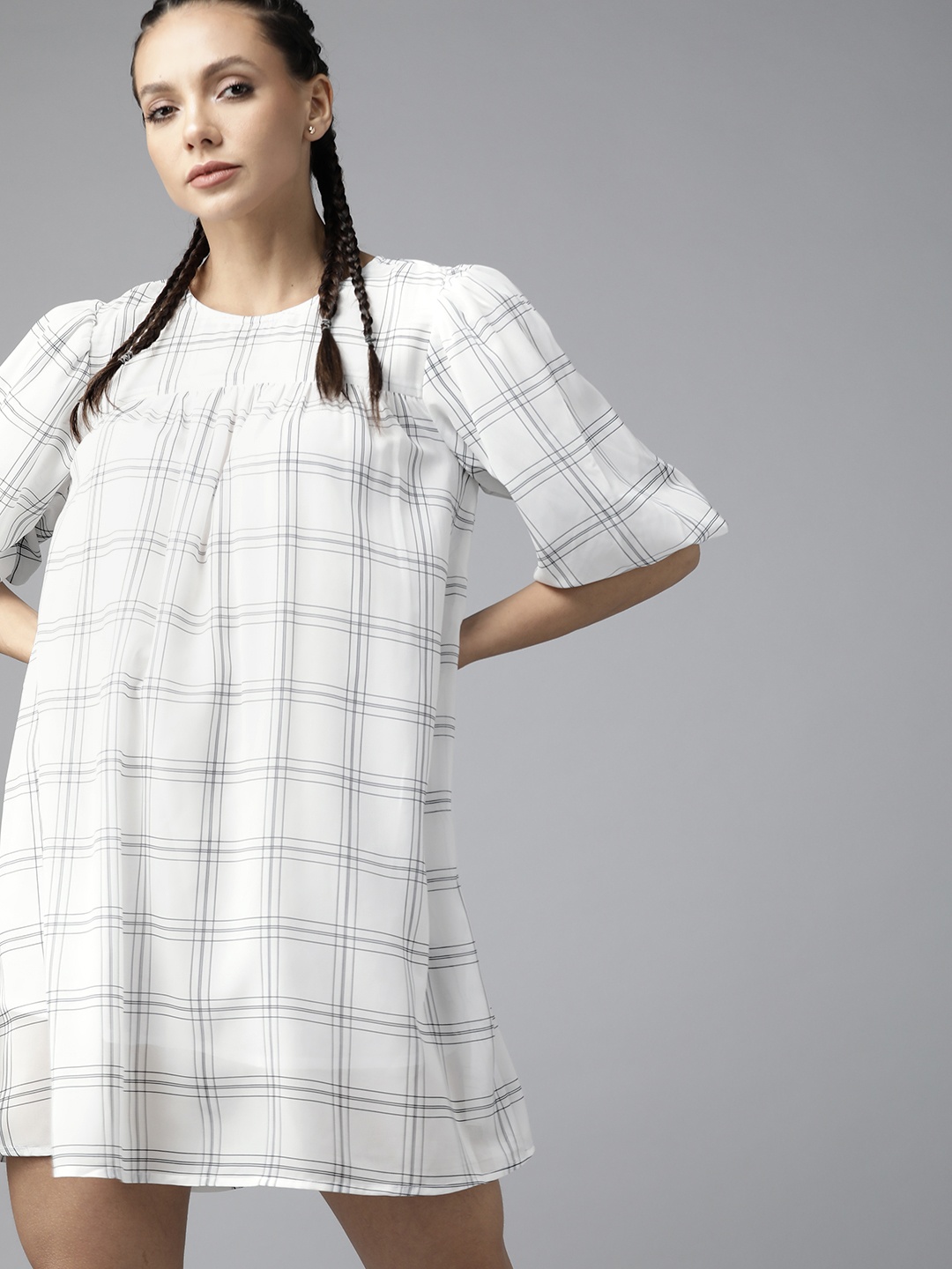 

Roadster Women White & Black Checked A-Line Dress
