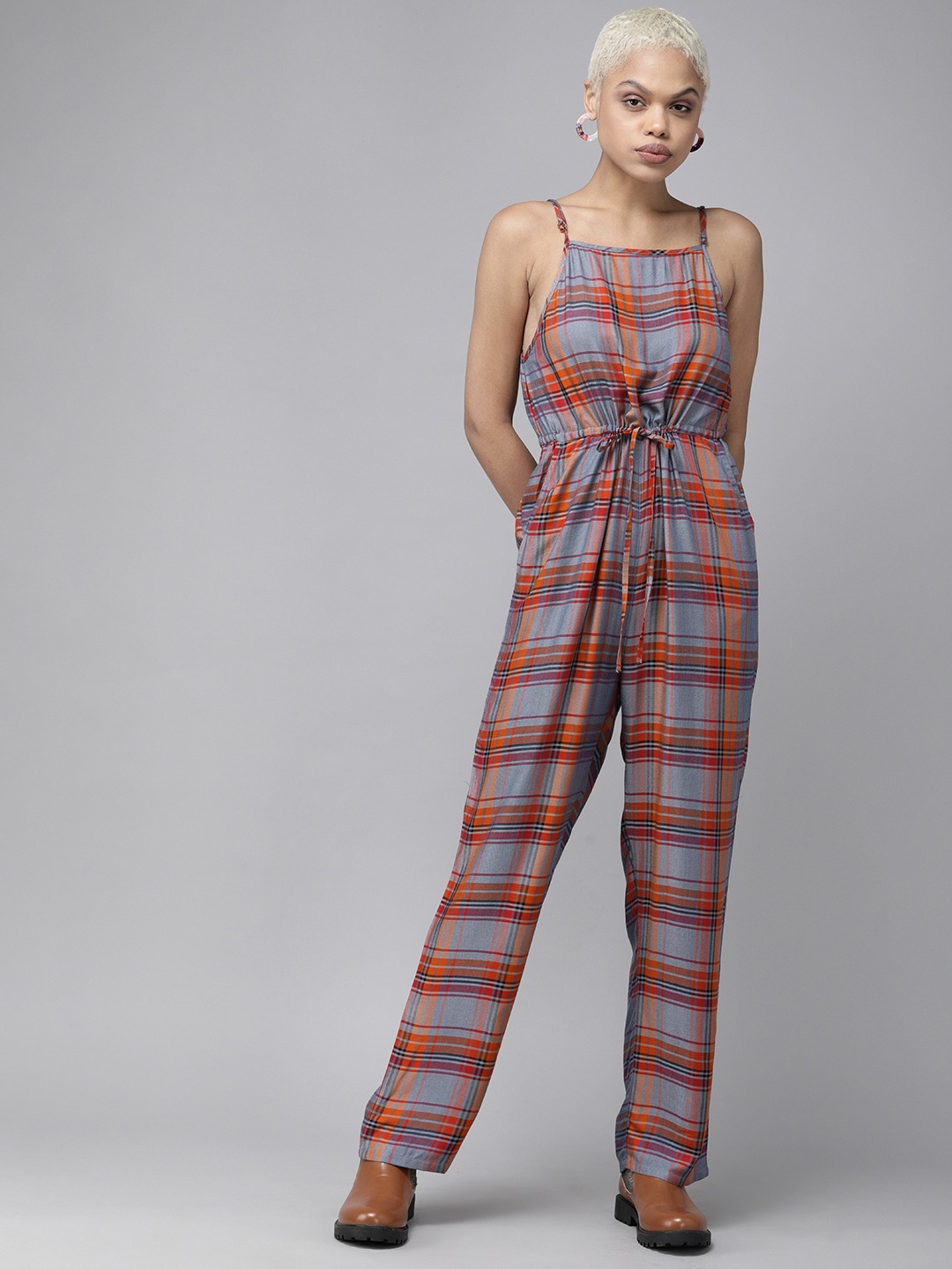 

Roadster Red & Grey Checked Shoulder Strap Basic Jumpsuit With Waist Tie up