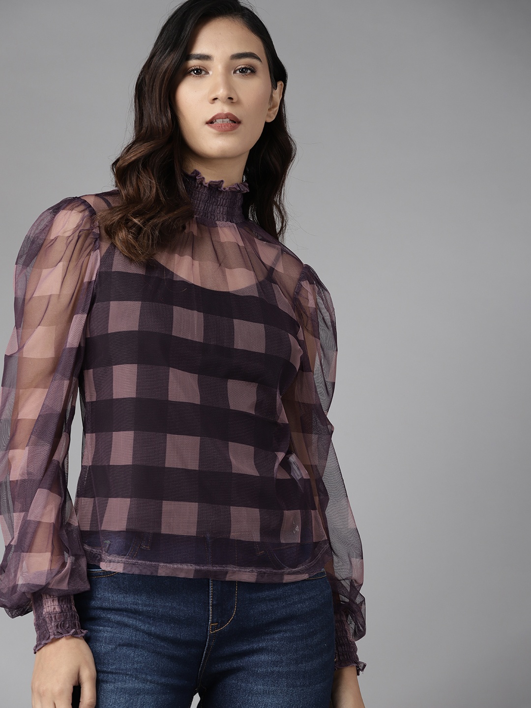 

Roadster Purple Checked Smocked Regular Top