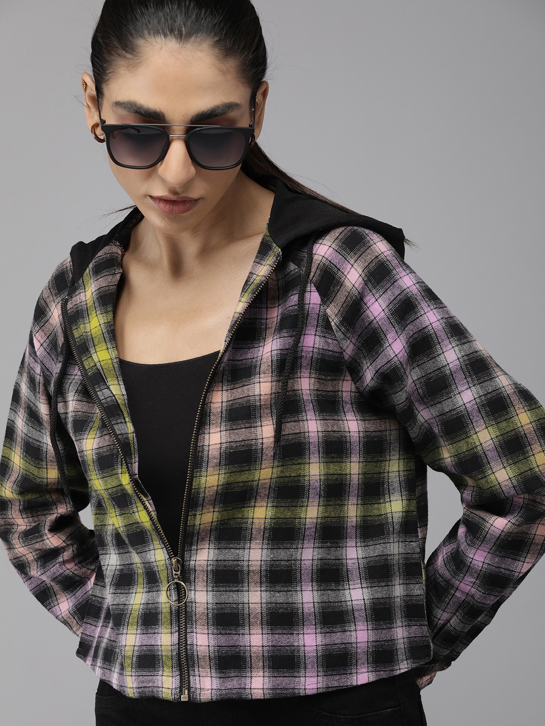 

The Roadster Lifestyle Co Women Black & Pink Checked Pure Cotton Casual Shirt