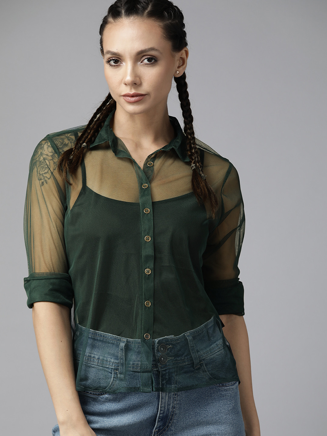 

Roadster Women Green Sheer Casual Shirt