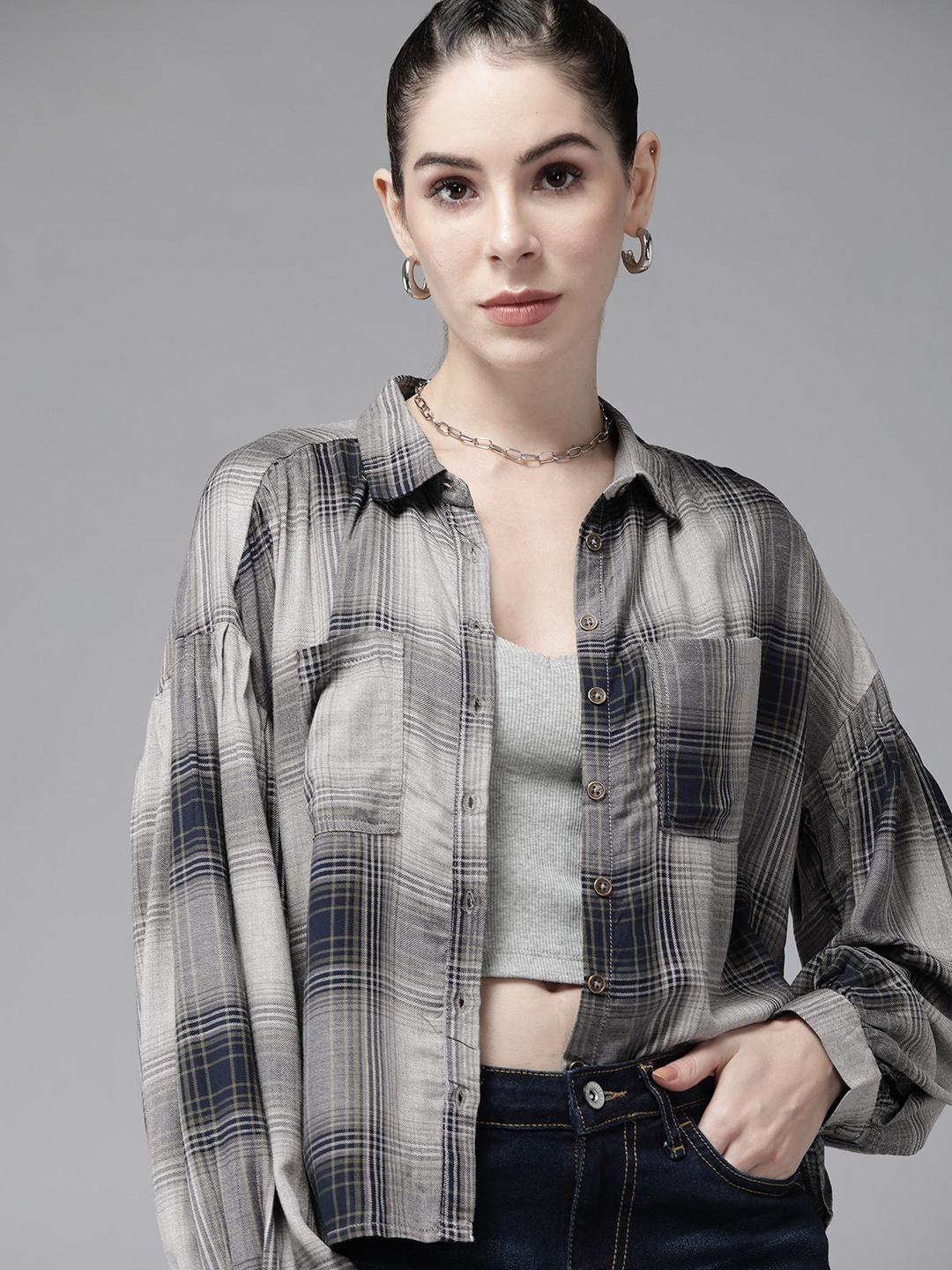 

Roadster Women ECOVERO Grey & Black Checked Casual Shirt