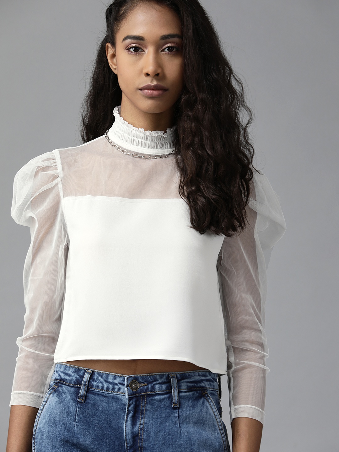 

Roadster Women White Solid Smocked Neck Semi-Sheer Crop Top