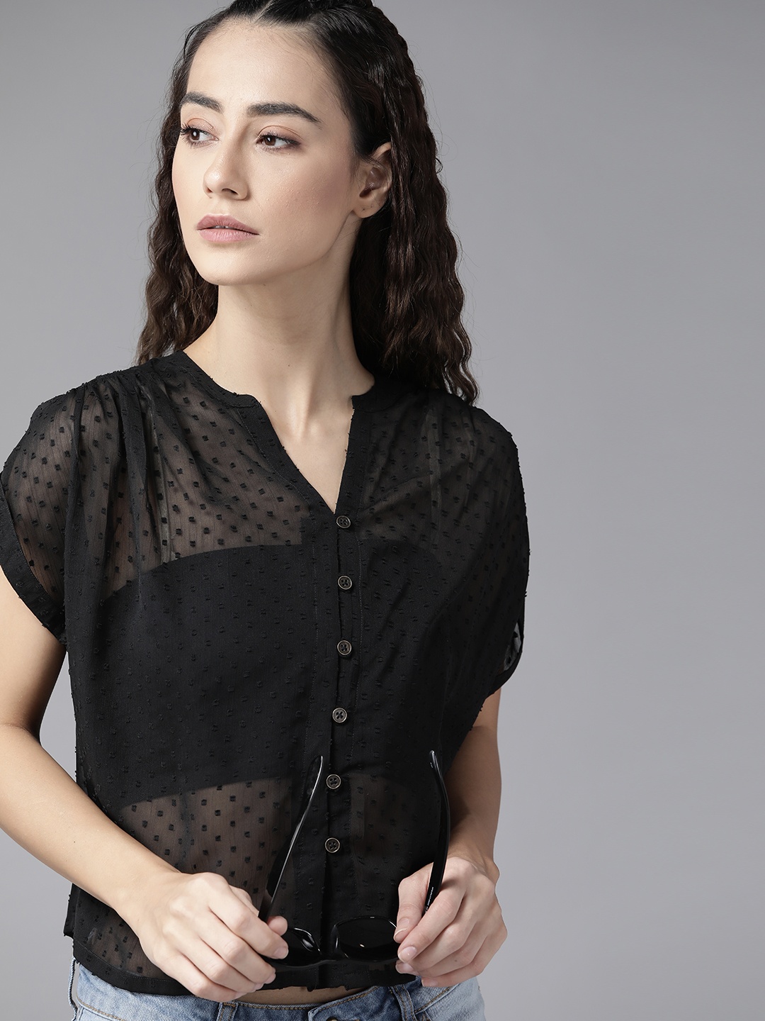 

Roadster Women Black Sheer Casual Shirt