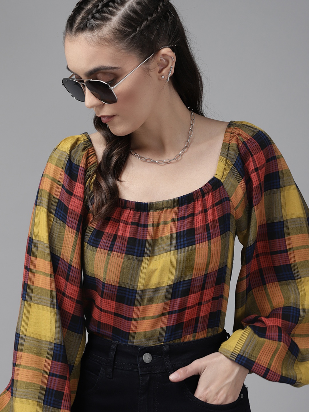 

Roadster Women Mustard Yellow & Blue Checked Boxy Top