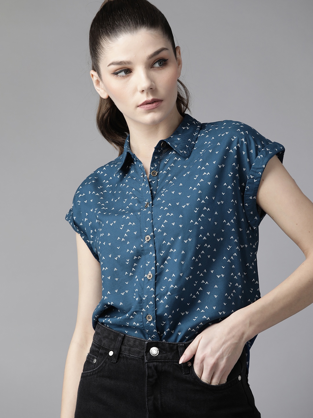 

Roadster Women Navy Blue & White Printed Sustainable Shirt